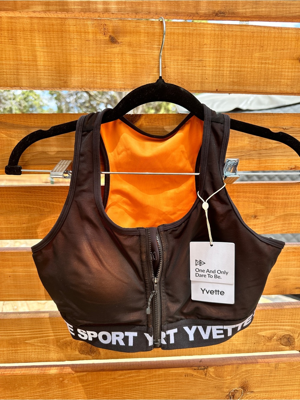 NWT Yvette Power Zip-Front High-Support Bra Large in Black Mesh with Orange
